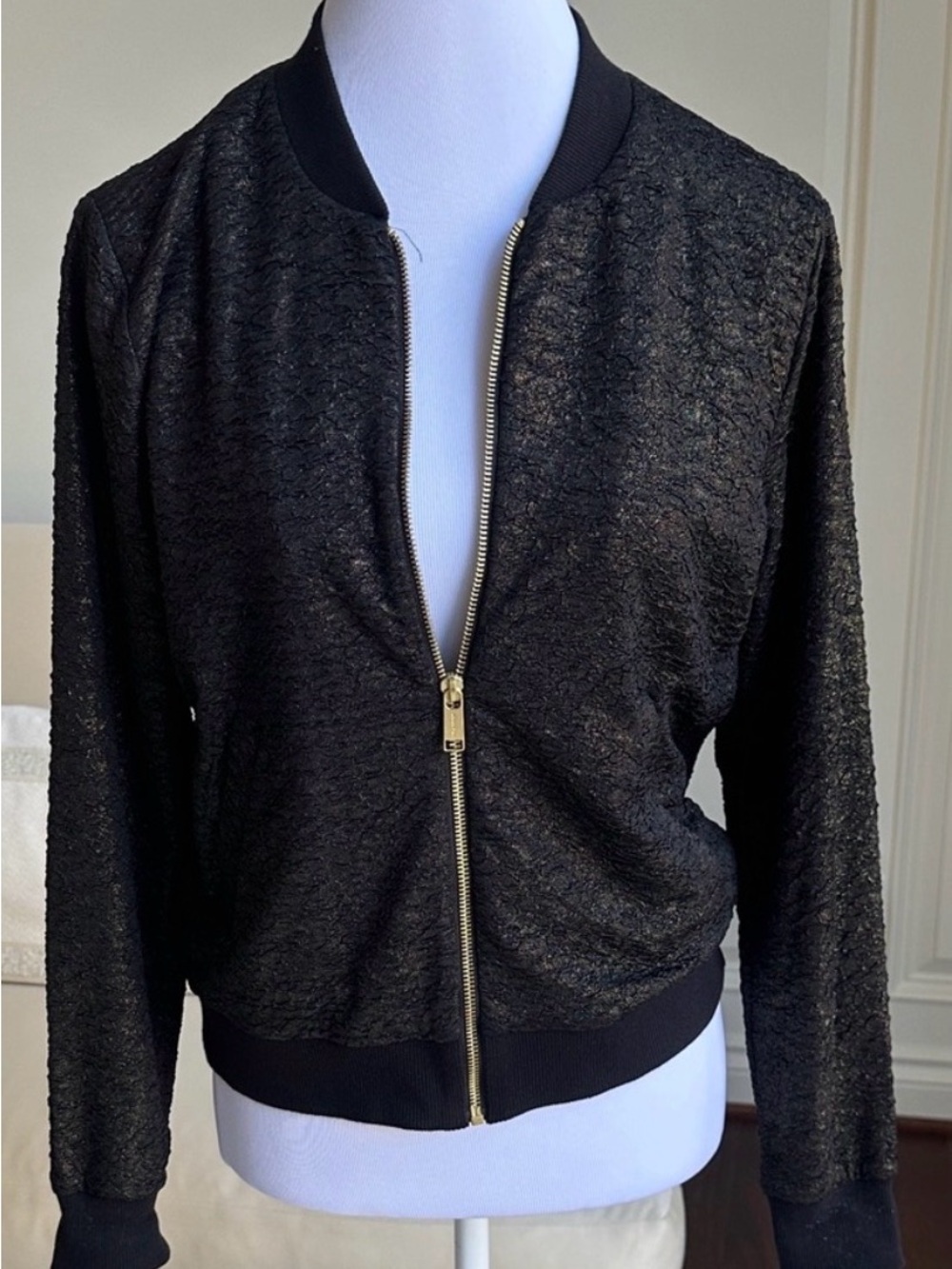 Michael Kors Black Textured Bomber Jacket with Gold Zip